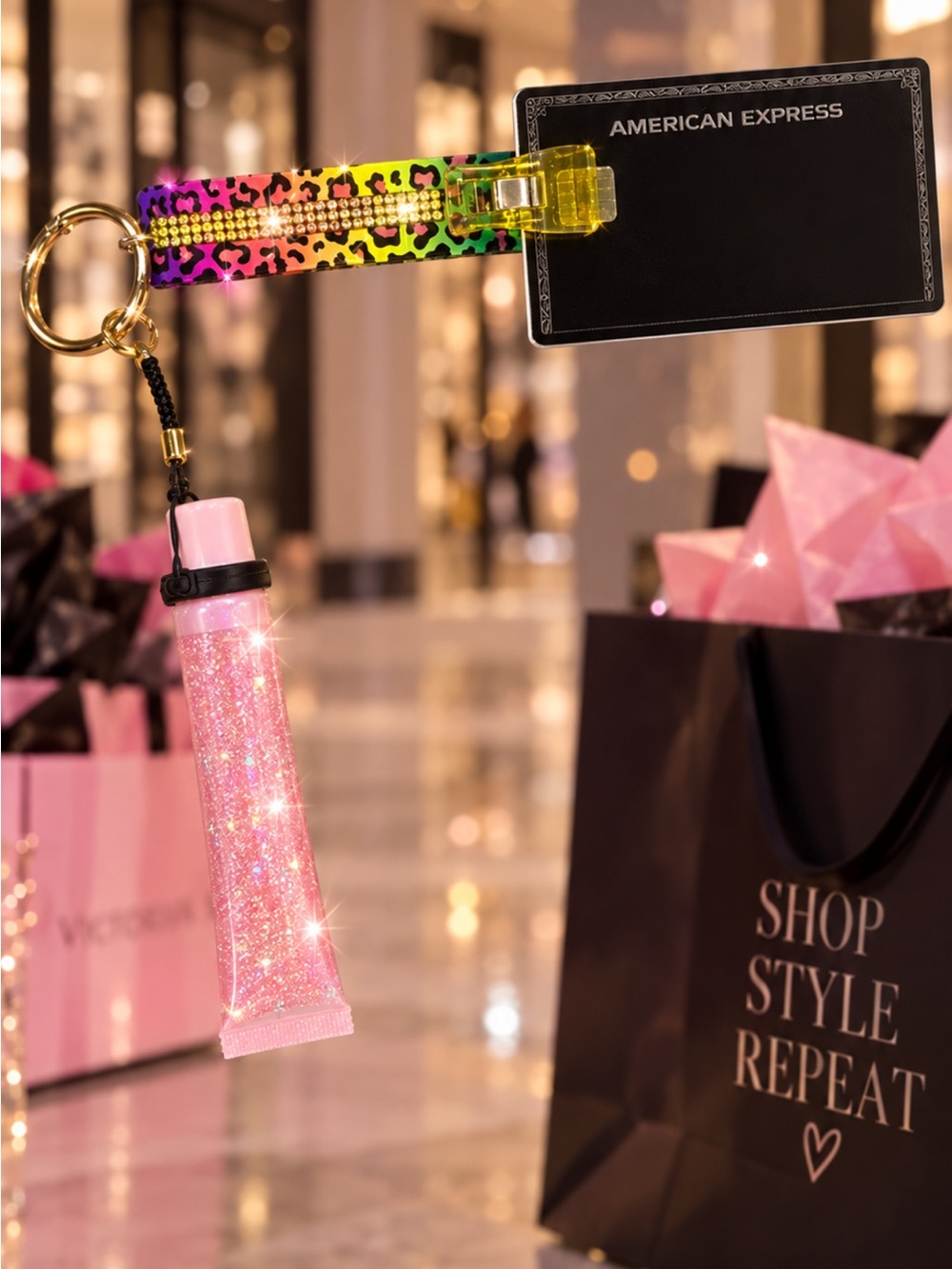 Double Trouble Keychain with Rainbow Leopard Cardholder and lipgloss holder.